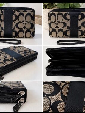 Coach Signature C Double Zip Wallet Wristlet Black & Tan